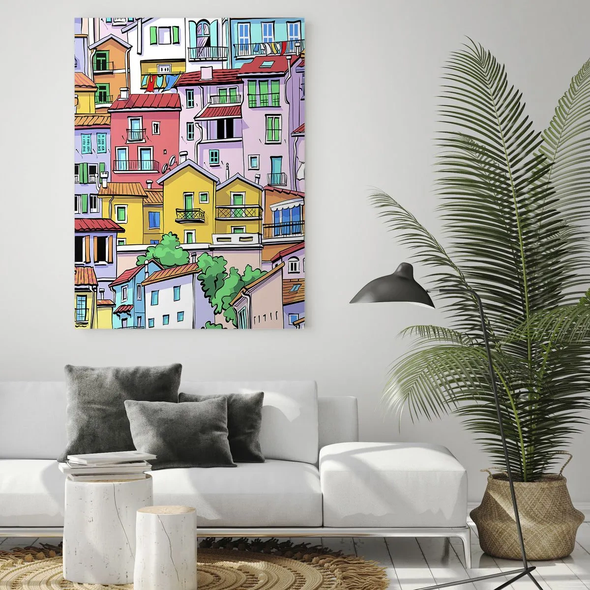 Impression sur verre - Image sur verre - Des immeubles colorés de style dessin animé, pleins de détails - 50x70cm - Ville joyeuse - Décoration murale moderne pour le salon et la chambre ARTTOR