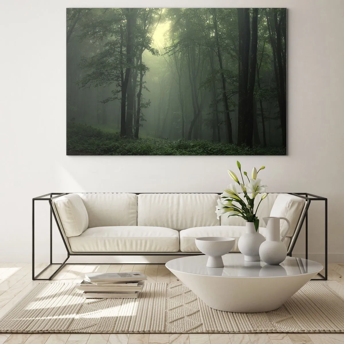 Impression sur verre - Image sur verre - Une forêt sombre enveloppée de brouillard avec des rayons de lumière - 100x70cm - Avant qu'il ne se réveille - Décoration murale moderne pour le salon et la chambre ARTTOR