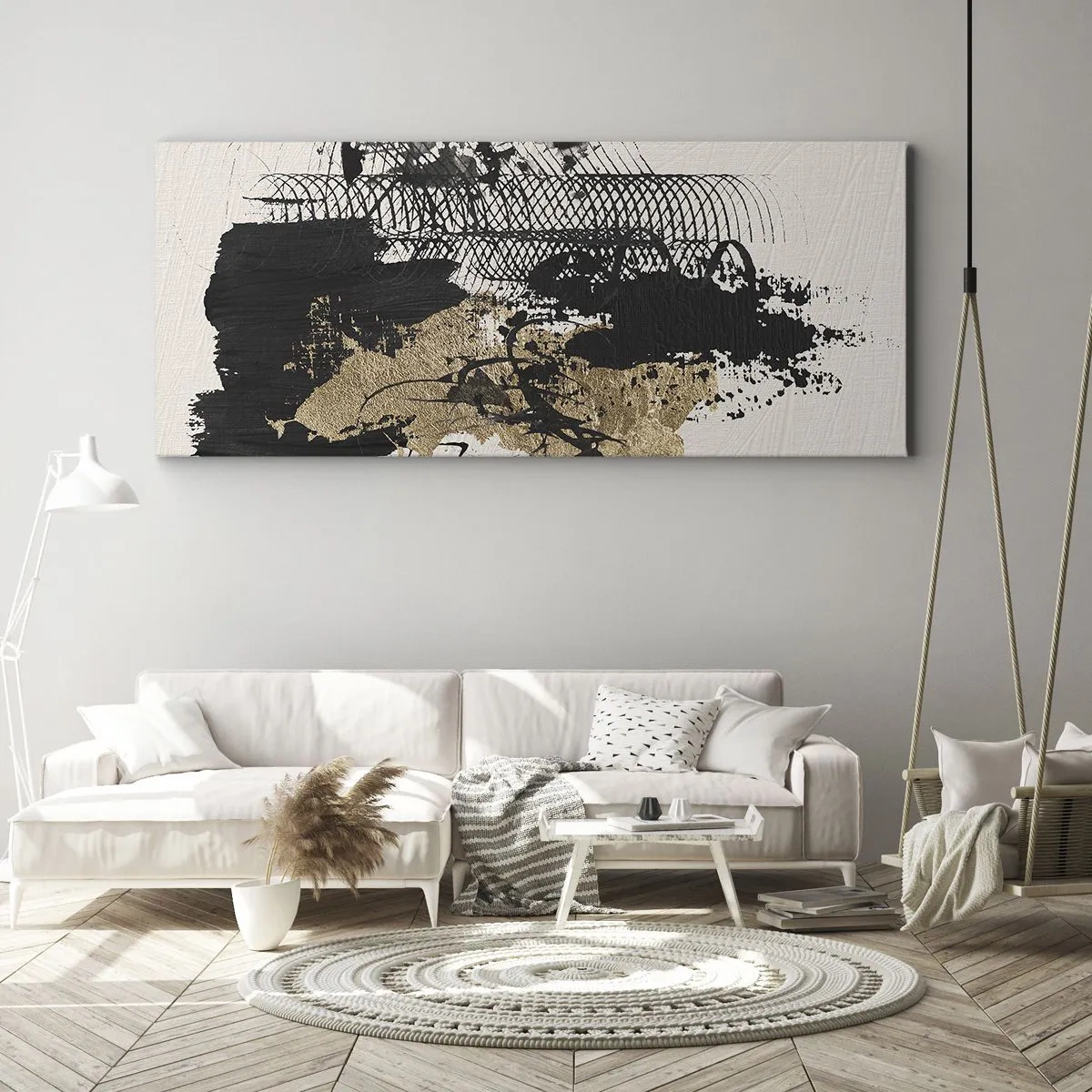 Impression sur toile - Image sur toile - Une peinture abstraite en noir et or avec des lignes et des structures dynamiques. - 140x50cm - Composer avec passion - Décoration murale moderne pour le salon et la chambre ARTTOR