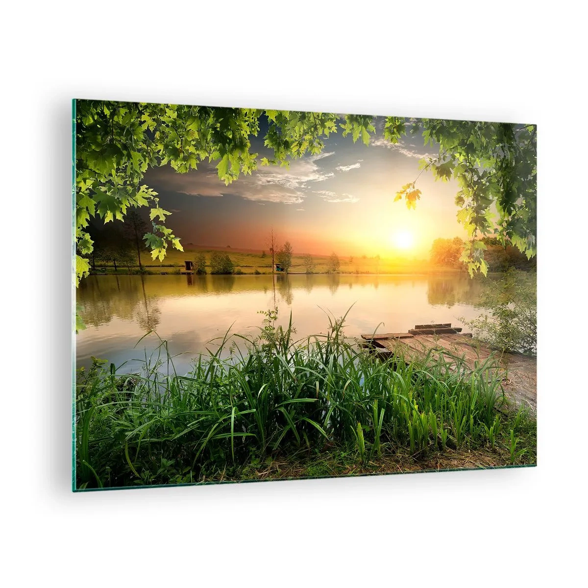 Impression sur verre - Image sur verre - Paysage avec un lac entouré de verdure au coucher du soleil - 70x50cm - Paysage dans un cadre verdoyant - Décoration murale moderne pour le salon et la chambre ARTTOR