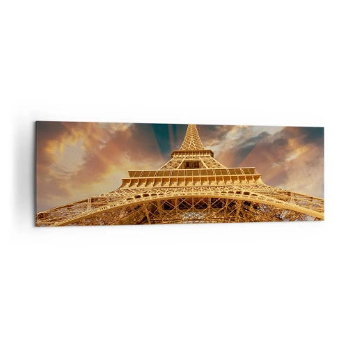 Impression sur toile - Image sur toile - La Tour Eiffel vue d'en bas sur fond de soleil couchant - 160x50cm - Comment l'humanité a atteint le ciel - Décoration murale moderne pour le salon et la chambre ARTTOR