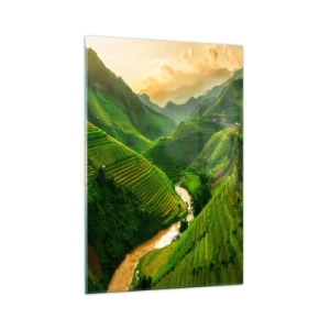 Impression sur verre - Image sur verre - Rizières en terrasses pittoresques dans une vallée verdoyante illuminée par le soleil couchant - 70x100cm - Vallée vietnamienne - Décoration murale moderne pour le salon et la chambre ARTTOR