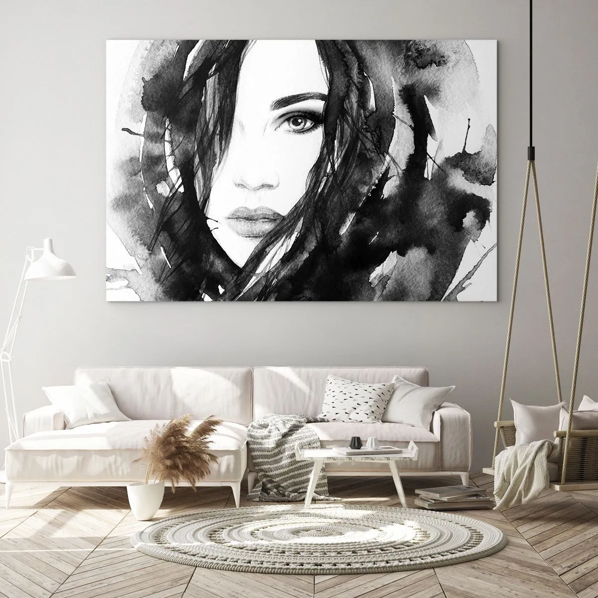 Impression sur verre - Image sur verre - Portraits féminins à l'aquarelle en noir et blanc - 70x50cm - Portrait d'une dame en noir et blanc - Décoration murale moderne pour le salon et la chambre ARTTOR