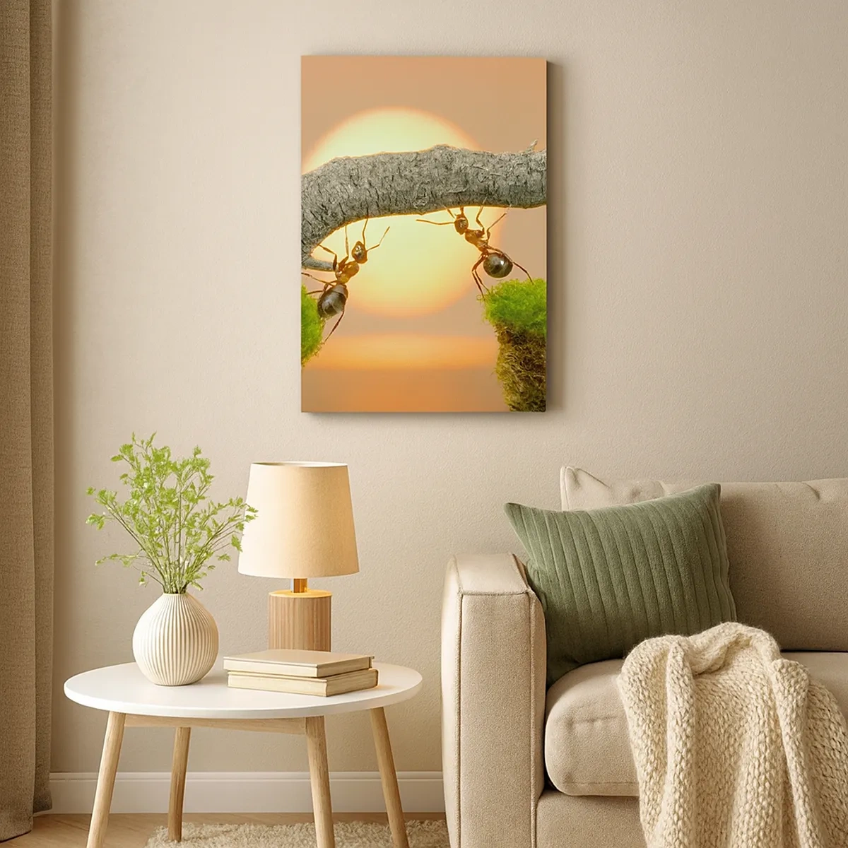 Impression sur toile - Image sur toile - Des fourmis construisent un pont de branches sur fond de soleil couchant. - 50x70cm - La joie, travaille d'équipe - Décoration murale moderne pour le salon et la chambre ARTTOR