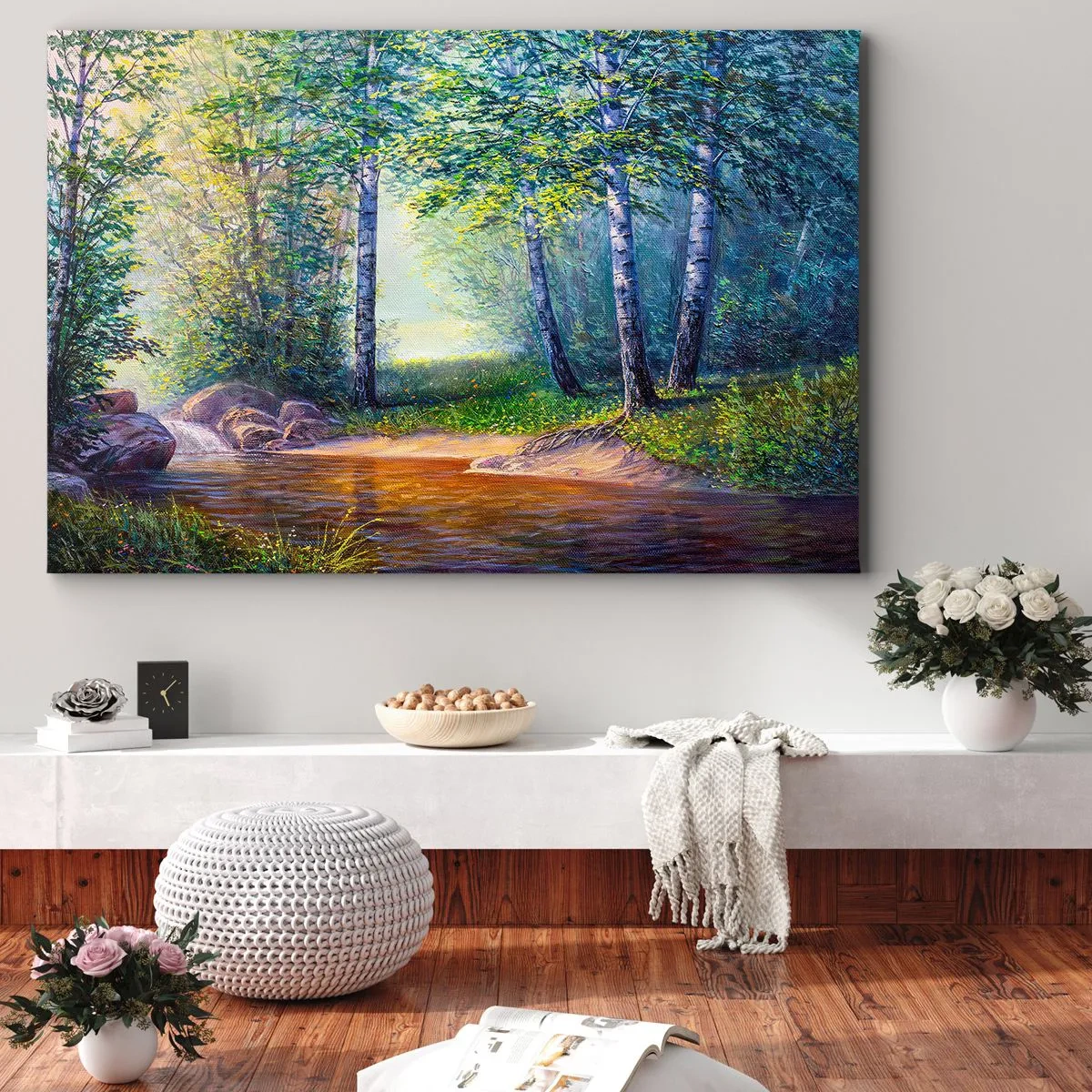 Impression sur toile - Image sur toile - Un ruisseau forestier entouré de bouleaux et de soleil - 100x70cm - Paysage idyllique - Décoration murale moderne pour le salon et la chambre ARTTOR