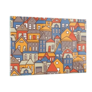 Impression sur verre - Image sur verre - Des maisons colorées dans un style graphique créent un paysage joyeux - 120x80cm - Derrière la maison, une maison - Décoration murale moderne pour le salon et la chambre ARTTOR