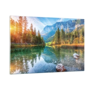 Impression sur verre - Image sur verre - Un lac de montagne entouré de forêt et de sommets majestueux - 120x80cm - Douceur automnale - Décoration murale moderne pour le salon et la chambre ARTTOR