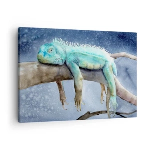 Impression sur toile - Image sur toile - Iguane bleu reposant sur une branche - 70x50cm - Tout va bien! - Décoration murale moderne pour le salon et la chambre ARTTOR
