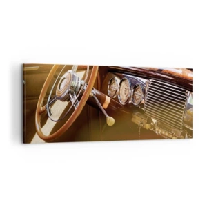 Impression sur toile - Image sur toile - Gros plan de l'intérieur d'une voiture classique avec des détails en bois et en chrome. - 120x50cm - Souffle de luxe venu du passé - Décoration murale moderne pour le salon et la chambre ARTTOR