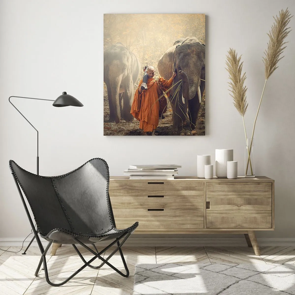 Impression sur verre - Image sur verre - Un moine en robe orange conduit un éléphant dans la forêt. - 80x120cm - Compréhension totale - Décoration murale moderne pour le salon et la chambre ARTTOR