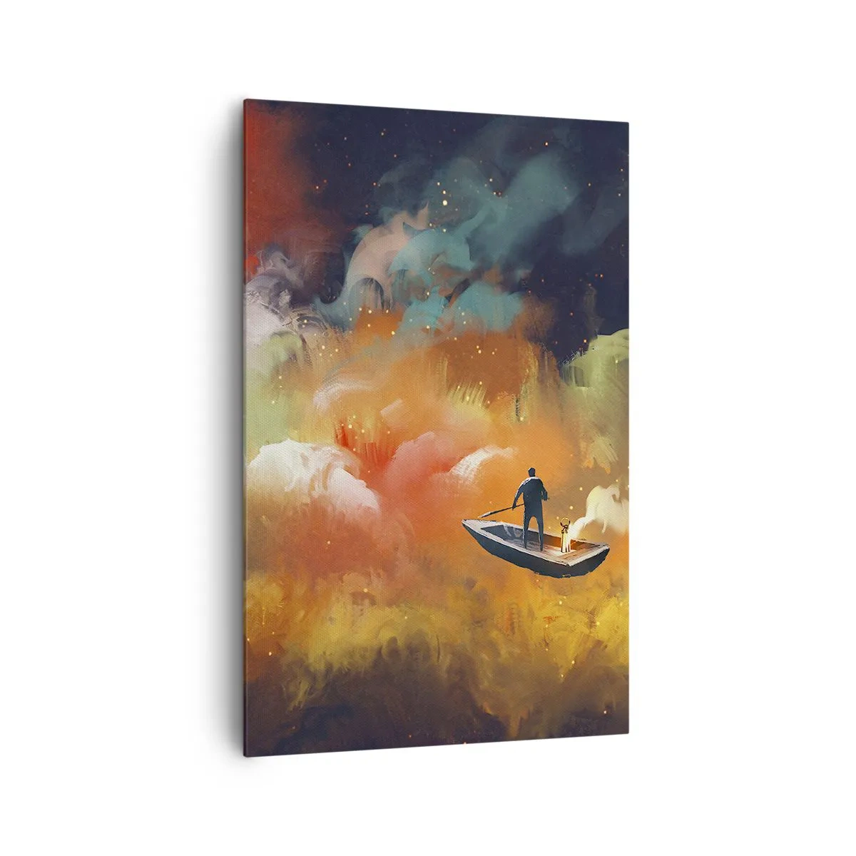 Impression sur toile - Image sur toile - Une silhouette dans un bateau sur un fond de nuages colorés - 80x120cm - En bateau à travers la galaxie - Décoration murale moderne pour le salon et la chambre ARTTOR