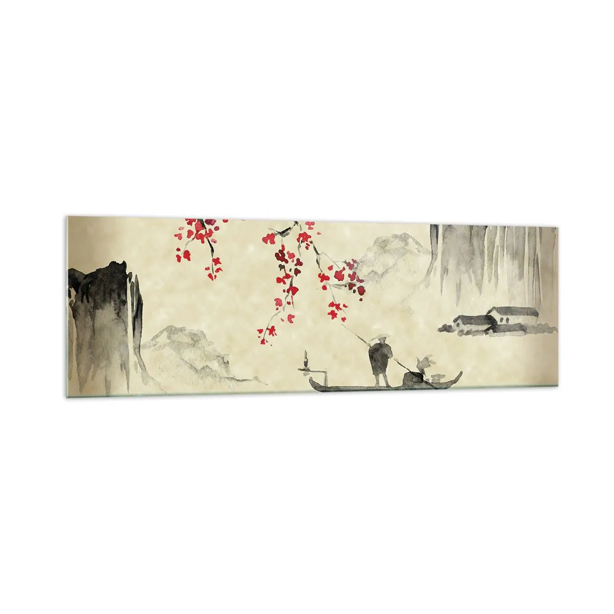 Impression sur verre - Image sur verre - Illustration orientale avec un bateau et une branche fleurie - 160x50cm - Au pays des cerisiers en fleurs - Décoration murale moderne pour le salon et la chambre ARTTOR