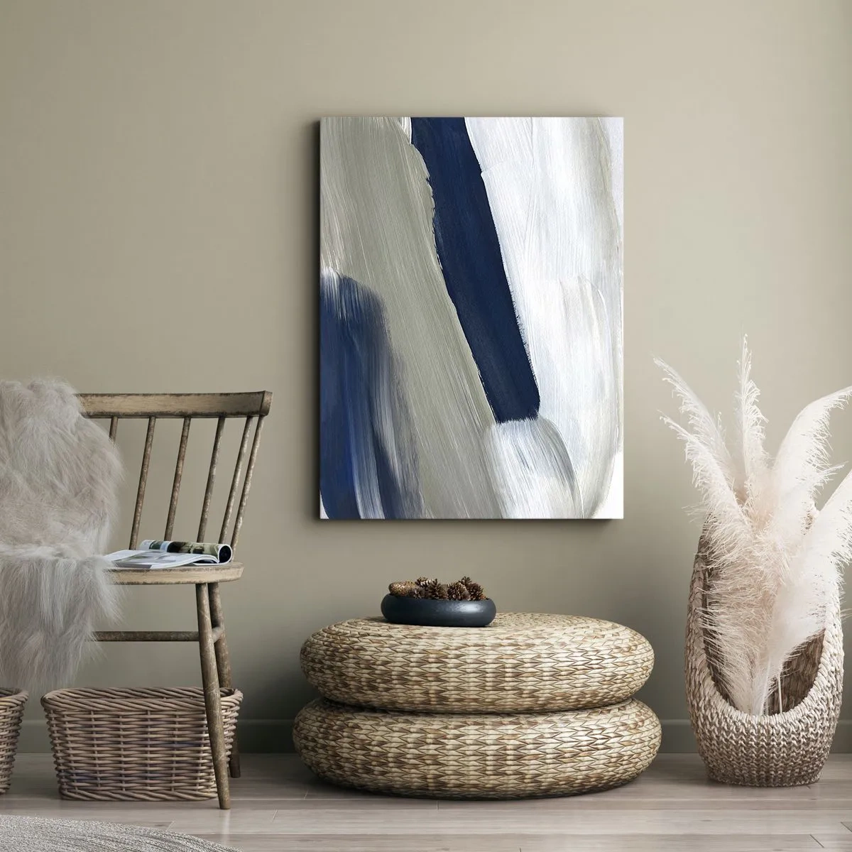 Impression sur toile - Image sur toile - Coups de pinceau abstraits dans des tons de bleu et de gris - 50x70cm - Rencontre avec la blancheur - Décoration murale moderne pour le salon et la chambre ARTTOR