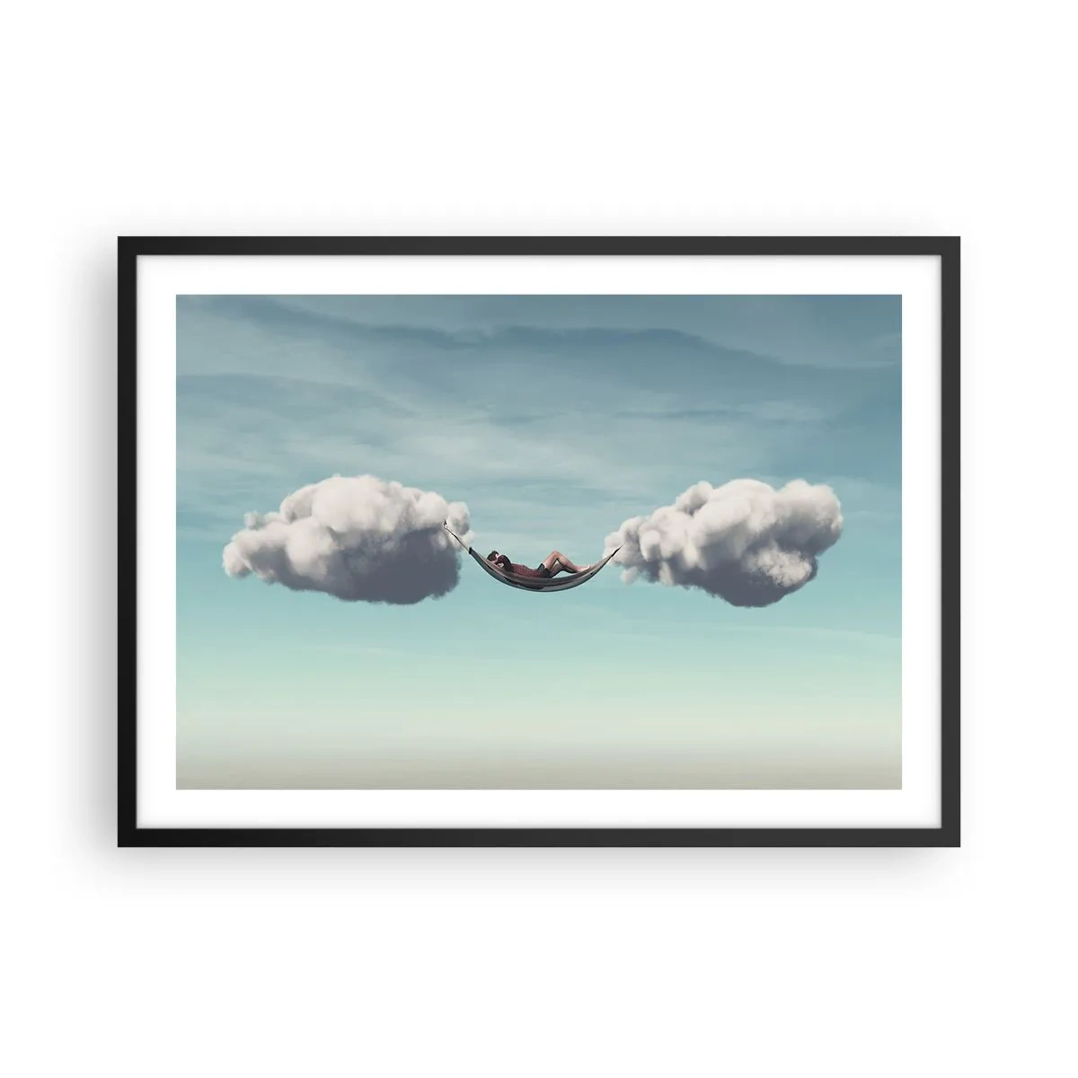 Affiche dans un cadre noir - Poster - Une personne se détendant dans un hamac suspendu dans les nuages - 70x50cm - Instant de bonheur - Décoration murale moderne pour le salon et la chambre ARTTOR