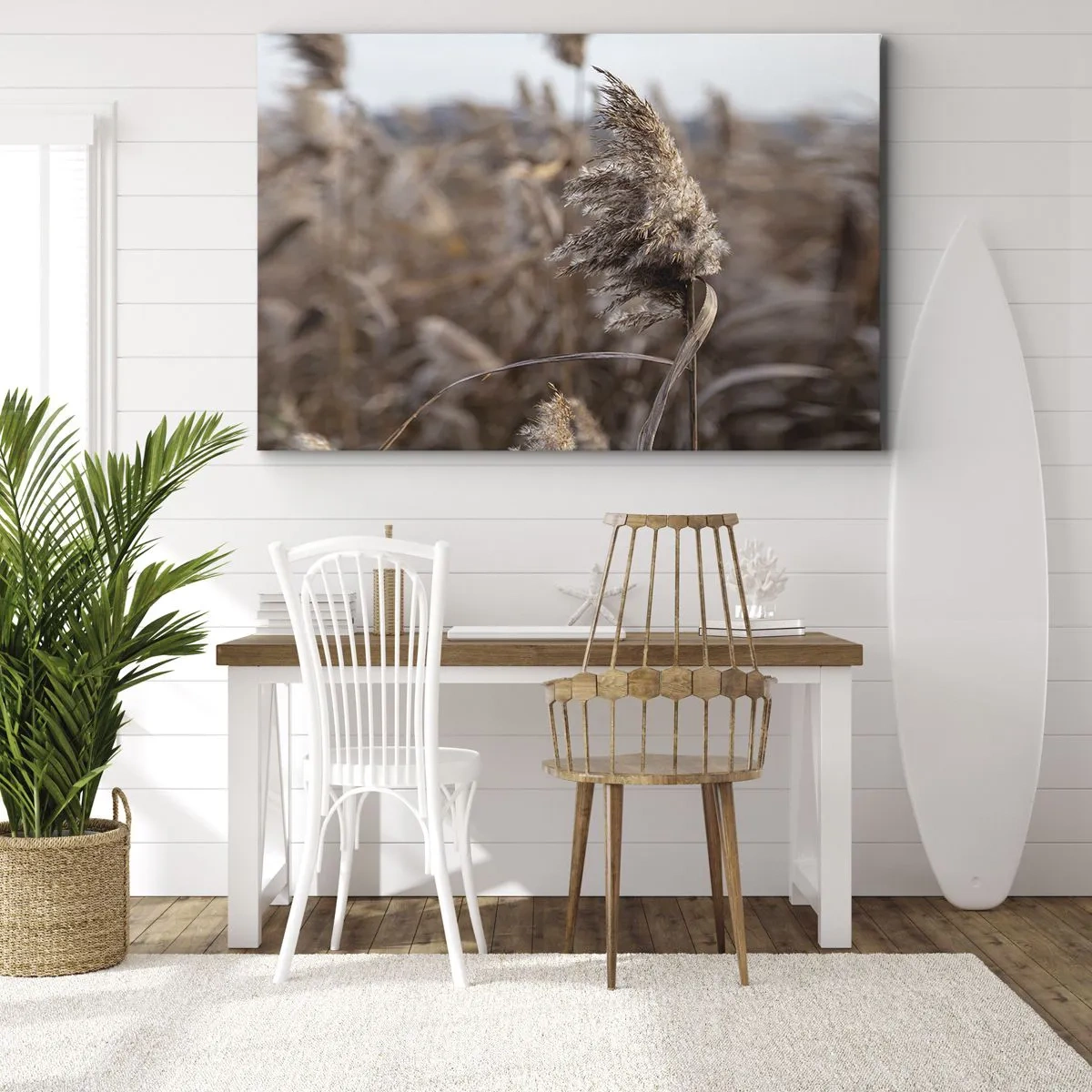 Impression sur toile - Image sur toile - Graminées délicates dans des tons beiges sur fond de nature - 70x50cm - Il est temps de s'envoler avec le vent - Décoration murale moderne pour le salon et la chambre ARTTOR