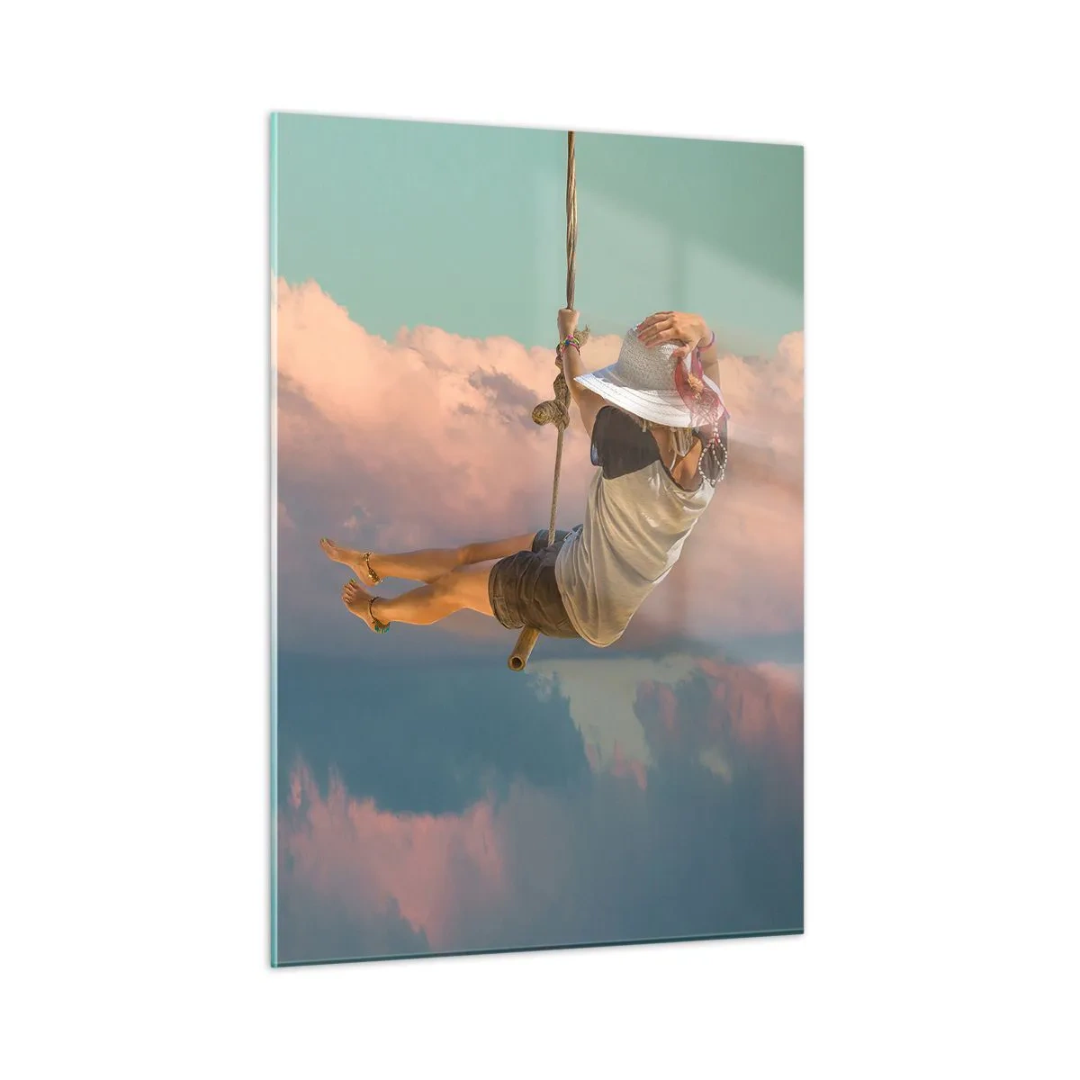 Impression sur verre - Image sur verre - Fille sur une balançoire parmi les nuages roses - 50x70cm - S'amuser dans les nuages - Décoration murale moderne pour le salon et la chambre ARTTOR