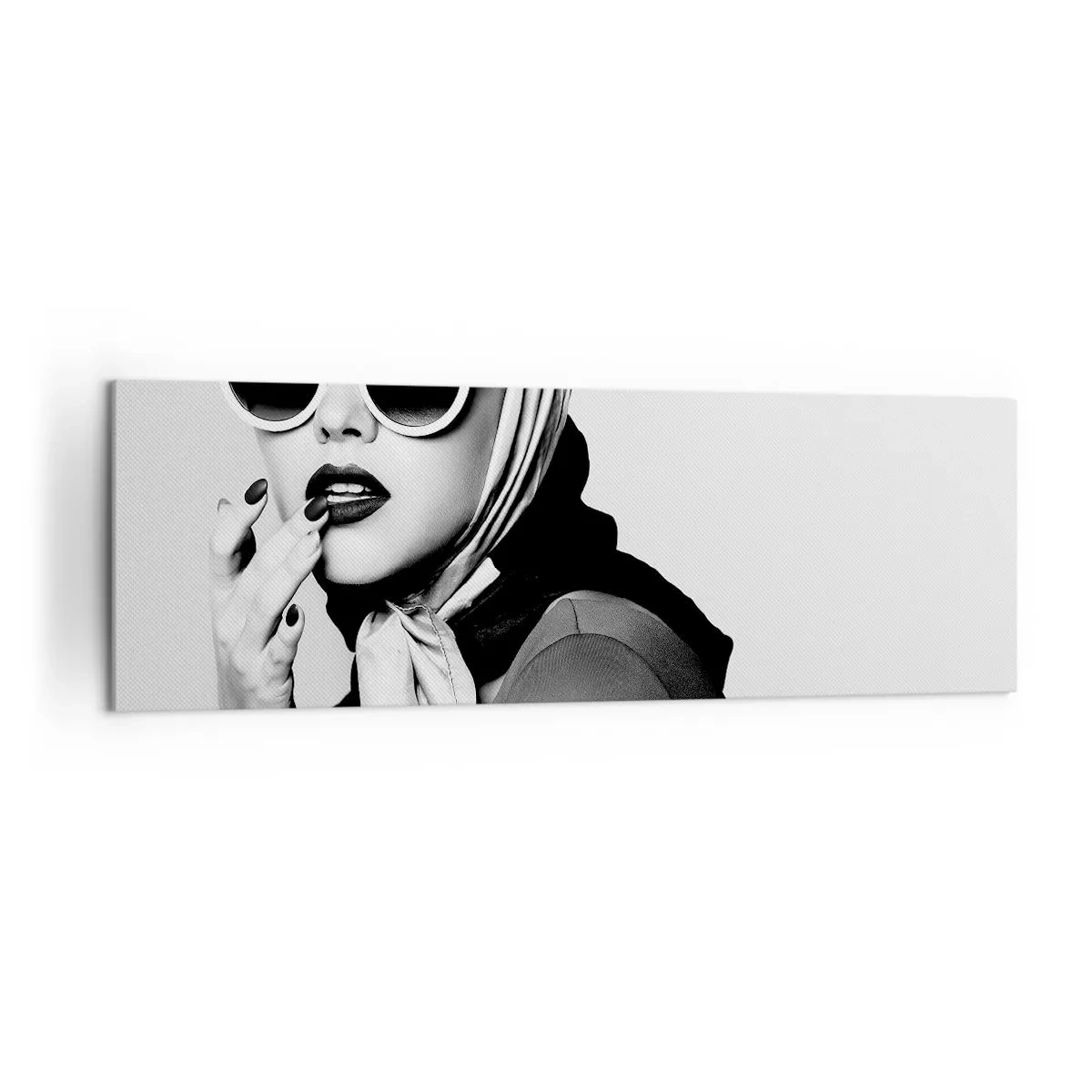 Impression sur toile - Image sur toile - Portrait en noir et blanc d'une femme portant des lunettes et un foulard - 160x50cm - Salutations des années 60 - Décoration murale moderne pour le salon et la chambre ARTTOR