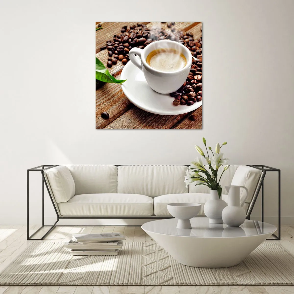 Impression sur verre - Image sur verre - Café sur un banc - 30x30 cm
