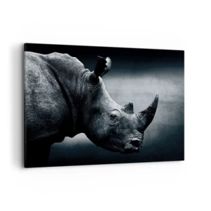 Impression sur toile - Image sur toile - Portrait noir et blanc d'un rhinocéros sur fond sombre - 120x80cm - Le profil droit - Décoration murale moderne pour le salon et la chambre ARTTOR