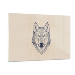 Impression sur verre - Image sur verre - Tête de loup sur fond de motifs géométriques - 120x80cm - Un alpha au regard pénétrant - Décoration murale moderne pour le salon et la chambre ARTTOR