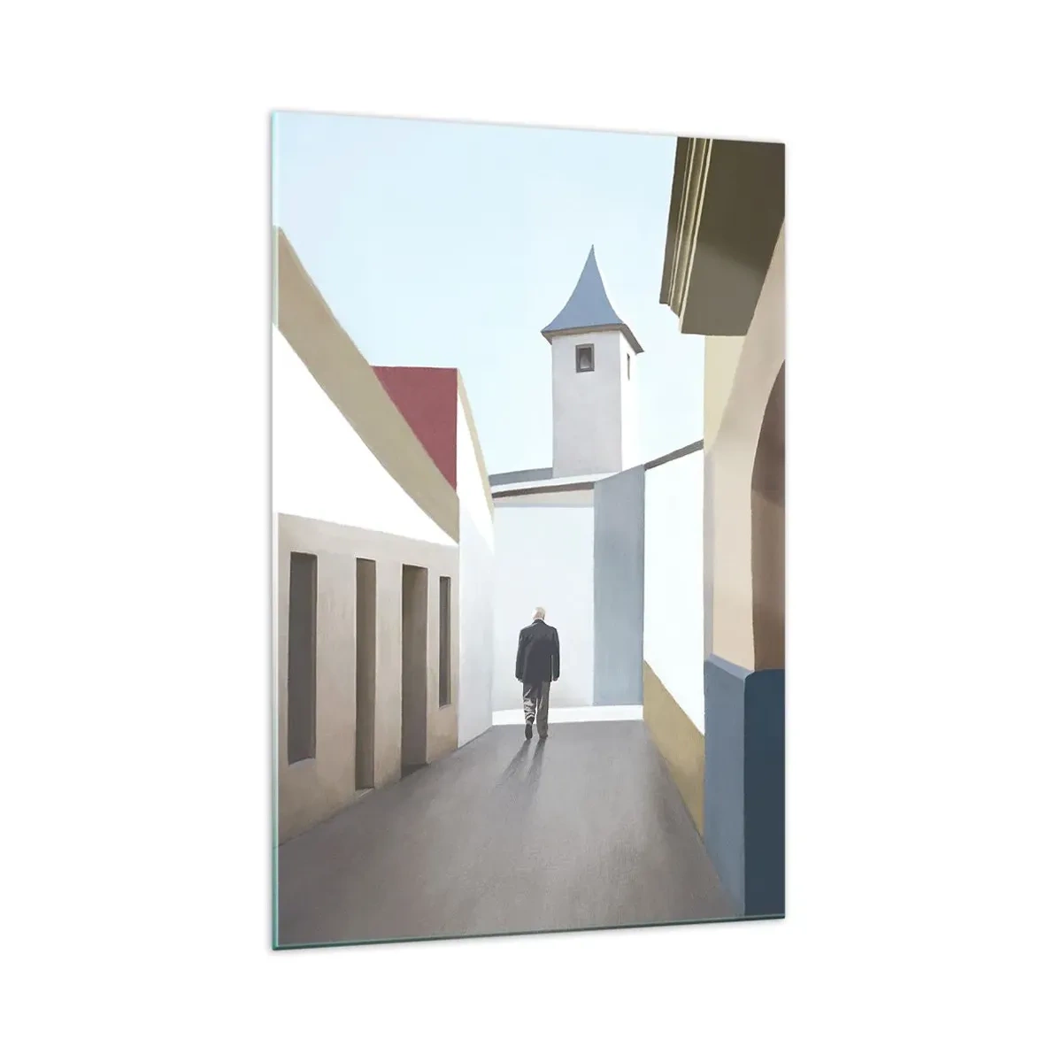 Impression sur verre - Image sur verre - Une rue minimaliste avec la silhouette d'un homme en arrière-plan - 70x100cm - Une promenade ensoleillée - Décoration murale moderne pour le salon et la chambre ARTTOR