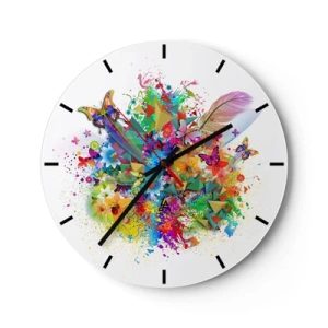 Horloge murale - Pendule murale - Abstraction colorée avec des papillons et des plumes - 30x30cm - Un bouquet de joie - Décoration murale moderne pour le salon, la cuisine et la chambre ARTTOR
