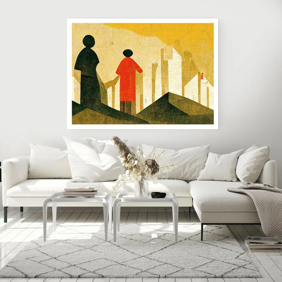 Affiche - Poster - Silhouettes géométriques en rouge et vert sur fond jaune - 100x70cm - La route est encore longue - Décoration murale moderne pour le salon et la chambre ARTTOR