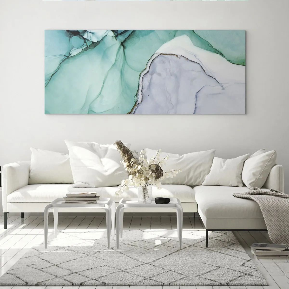 Impression sur verre - Image sur verre - Motif abstrait dans les tons turquoise et blanc - 120x50cm - Étude de turquoise - Décoration murale moderne pour le salon et la chambre ARTTOR