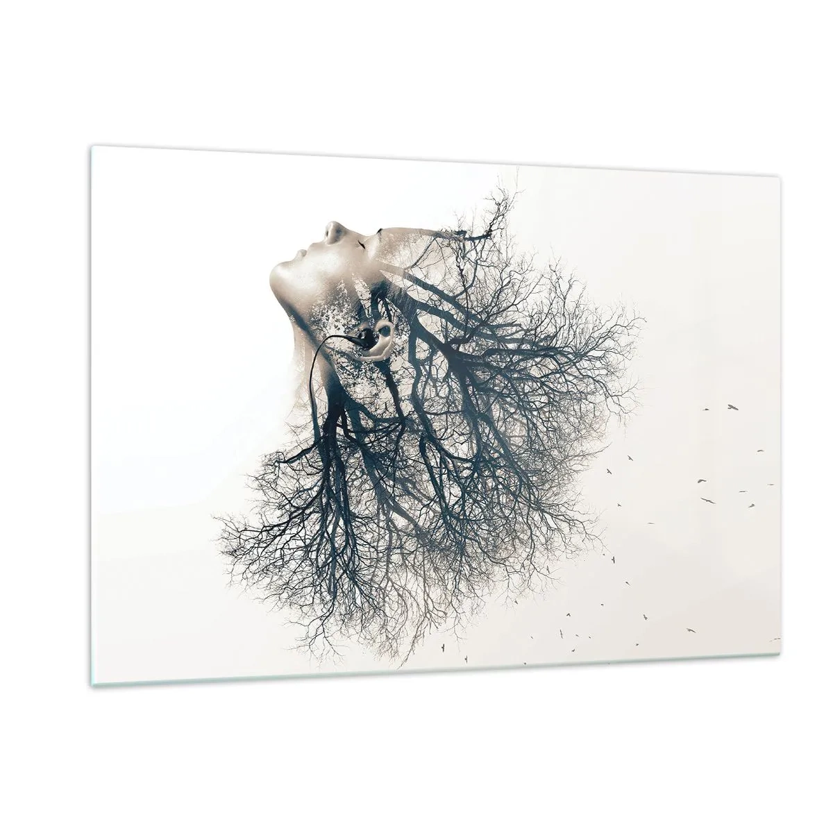 Impression sur verre - Image sur verre - Silhouette d'une femme avec des branches en guise de cheveux - 120x80cm - Écouter le murmure des arbres - Décoration murale moderne pour le salon et la chambre ARTTOR