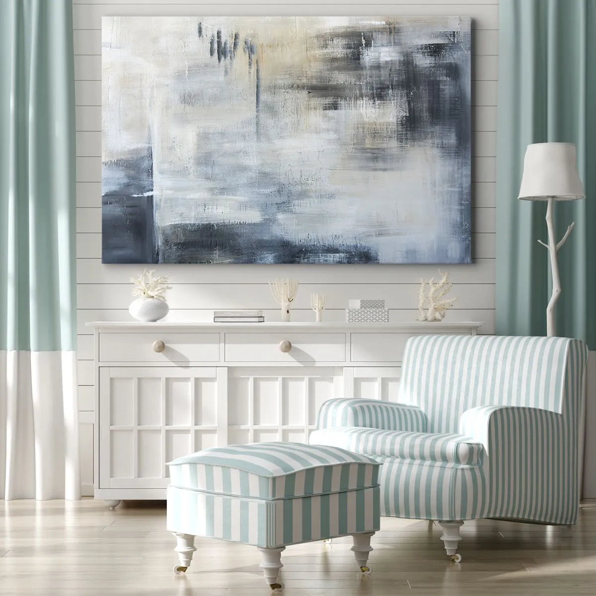 Impression sur toile - Image sur toile - Composition abstraite dans les tons de bleu et de gris - 70x50cm - Derrière le rideau bleu - Décoration murale moderne pour le salon et la chambre ARTTOR