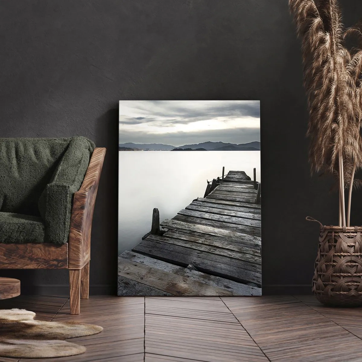 Impression sur toile - Image sur toile - Un pont en bois menant vers un lac tranquille - 80x120cm - Immergez-vous dans la paix - Décoration murale moderne pour le salon et la chambre ARTTOR