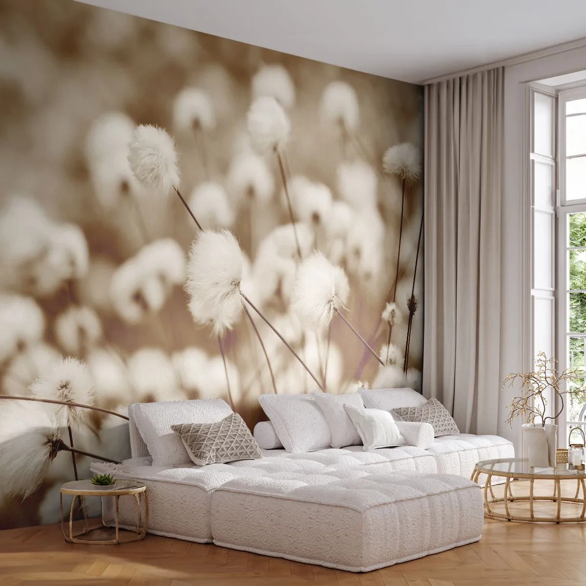Papier Peint Photo Premium Sand - Tige moelleuse - Fleur de coton, Fleur, Brindille de coton - 350x256 cm