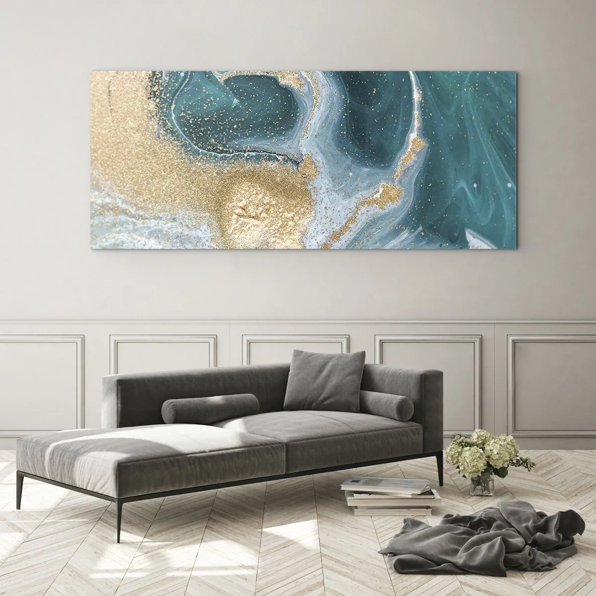 Impression sur verre - Image sur verre - Tourbillon d'or et de turquoise - 90x30 cm