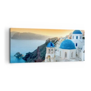 Impression sur toile - Image sur toile - Vue de Santorin avec des bâtiments blancs et une mer bleue - 120x50cm - Santorin - blotti contre les rochers - Décoration murale moderne pour le salon et la chambre ARTTOR