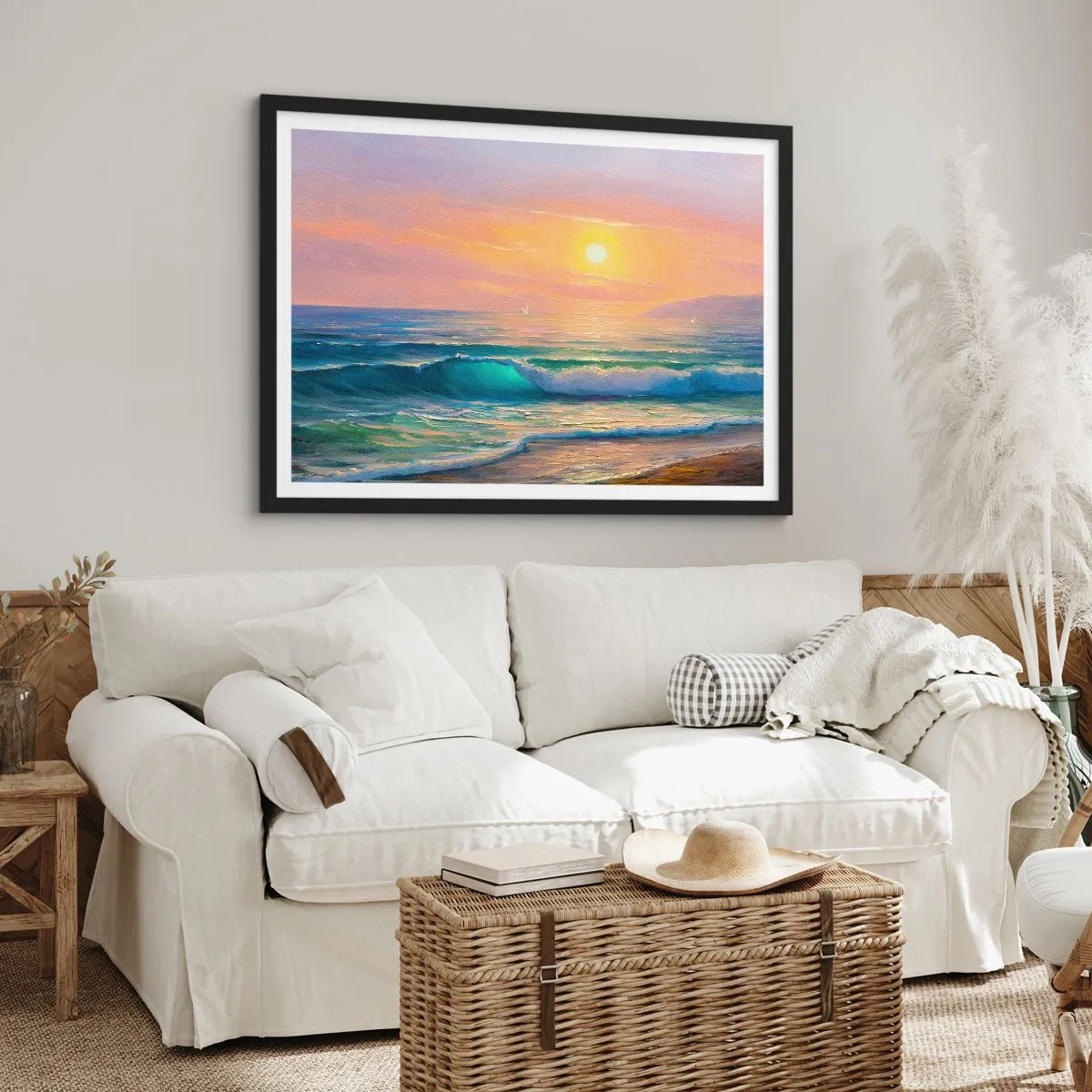 Affiche dans un cadre noir - Poster - Paysage marin avec coucher de soleil - 100x70cm - Le chant turquoise des vagues - Décoration murale moderne pour le salon et la chambre ARTTOR