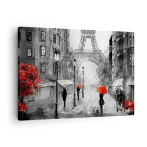 Impression sur toile - Image sur toile - Une rue avec vue sur la Tour Eiffel et des parapluies rouges - 70x50cm - Tous les chemins mènent à elle - Décoration murale moderne pour le salon et la chambre ARTTOR