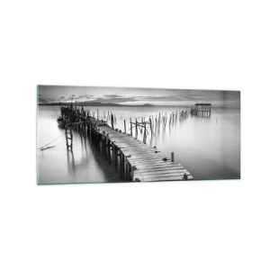 Impression sur verre - Image sur verre - Une jetée en bois sur un lac calme dans des tons de gris - 120x50cm - La paix d'un rivage oublié - Décoration murale moderne pour le salon et la chambre ARTTOR