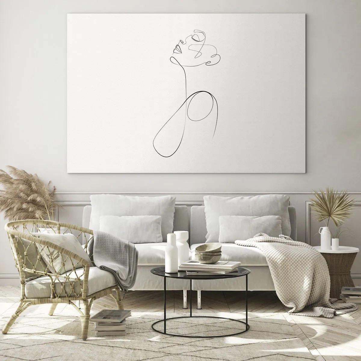 Impression sur verre - Image sur verre - Visage et silhouette féminins en style dessin au trait sur fond blanc - 70x50cm - En boucle dans les rêves - Décoration murale moderne pour le salon et la chambre ARTTOR
