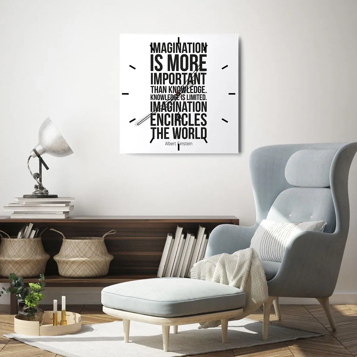 Horloge murale - Pendule murale - Citation inspirante sur fond blanc en police noire - 30x30cm - Einstein sur le pouvoir de l'imagination - Décoration murale moderne pour le salon et la chambre ARTTOR