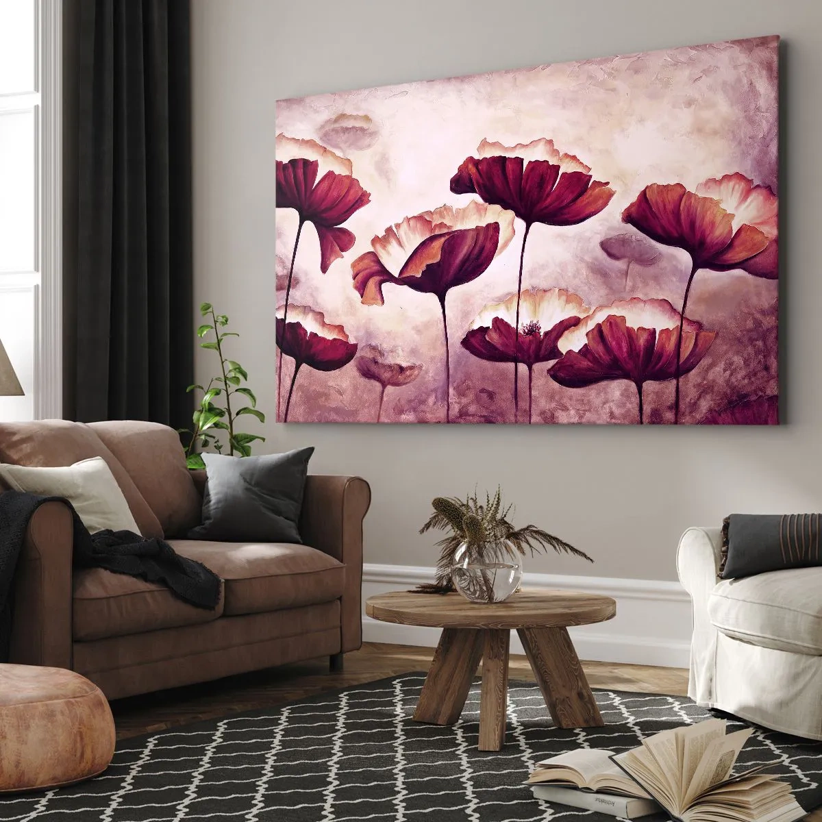 Impression sur toile - Image sur toile - Fleurs aux tons rouges et blancs sur un fond subtil - 120x80cm - Pétale rouge et blanc - Décoration murale moderne pour le salon et la chambre ARTTOR