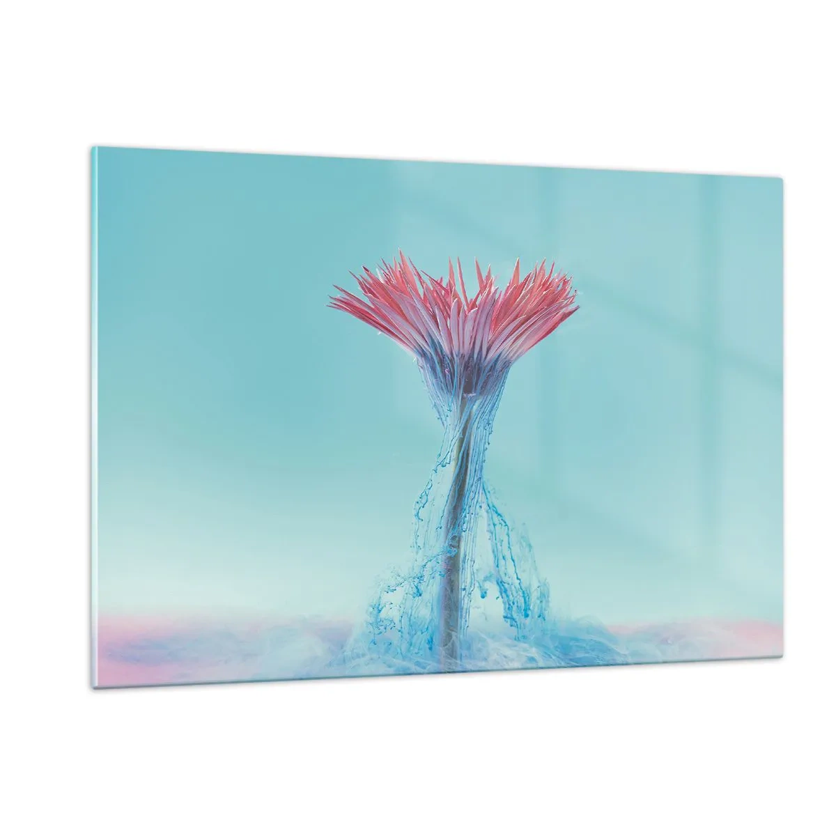 Impression sur verre - Image sur verre - Une fleur fantaisiste plongée dans une brume bleue et rose - 120x80cm - Dans une étreinte vivifiante - Décoration murale moderne pour le salon et la chambre ARTTOR
