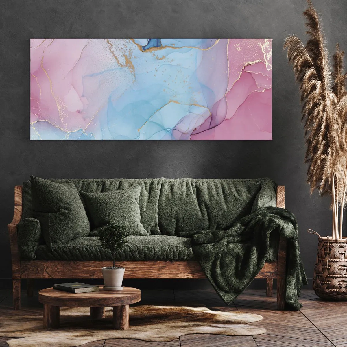 Impression sur toile - Image sur toile - Motifs pastel abstraits avec des accents dorés - 120x50cm - Rencontre et mélange - Décoration murale moderne pour le salon et la chambre ARTTOR
