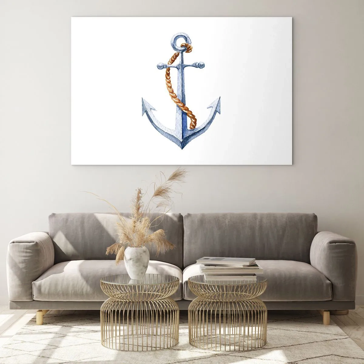 Impression sur verre - Image sur verre - Ancre avec corde de style nautique - 70x50cm - Ah l'aventure ! - Décoration murale moderne pour le salon et la chambre ARTTOR