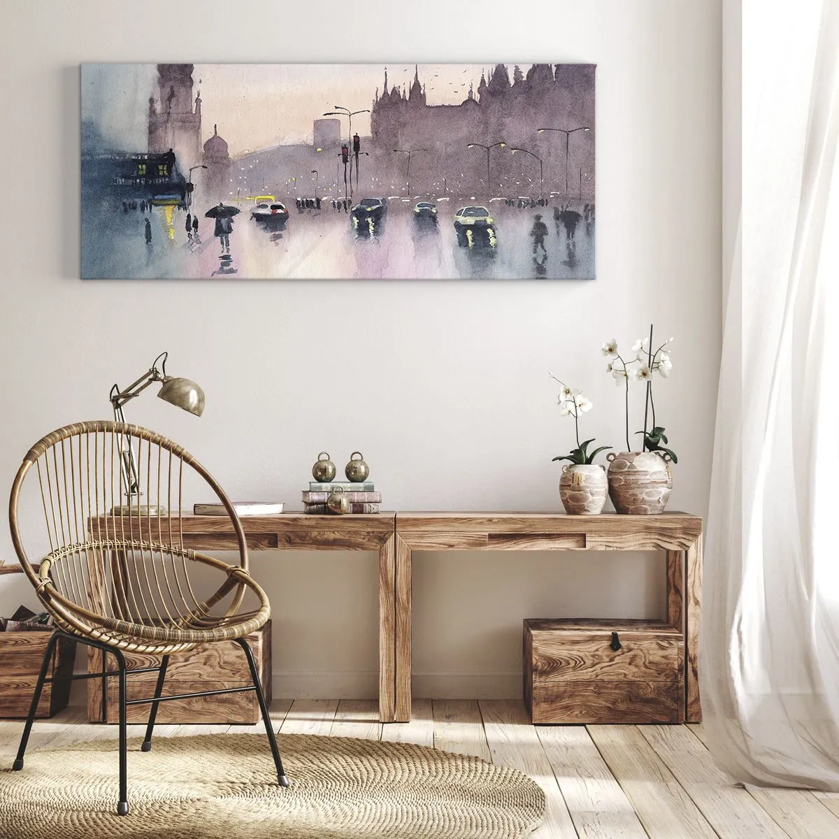 Impression sur toile - Image sur toile - Une rue de la ville au crépuscule dans un style aquarelle - 140x50cm - Dans une brume pluvieuse - Décoration murale moderne pour le salon et la chambre ARTTOR