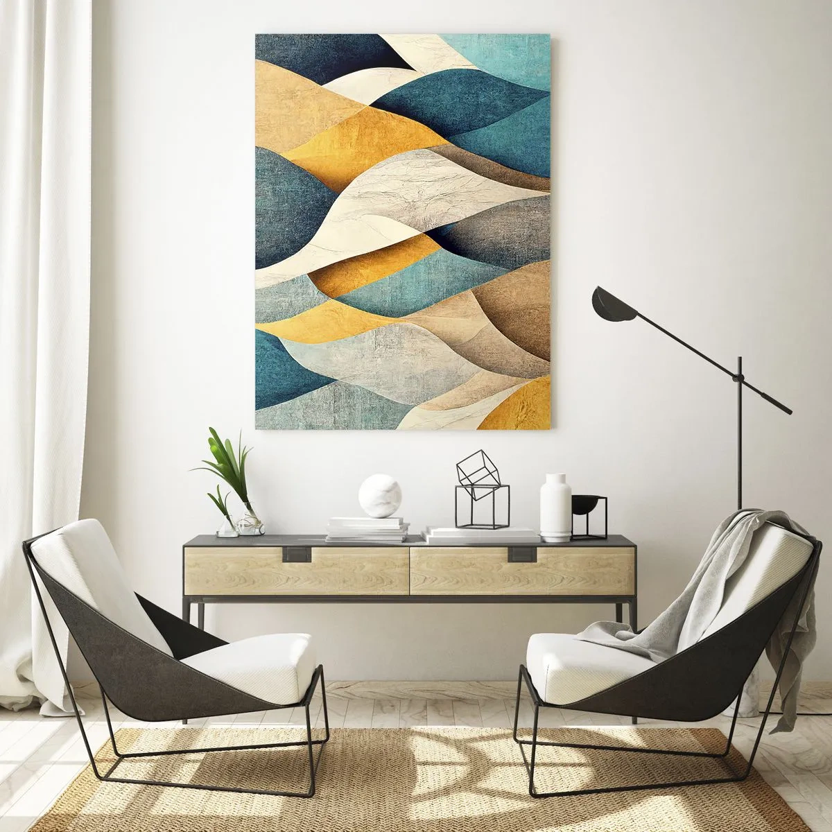 Impression sur verre - Image sur verre - Formes abstraites dans les tons de jaune et de bleu - 50x70cm - Rythme et vague - Décoration murale moderne pour le salon et la chambre ARTTOR