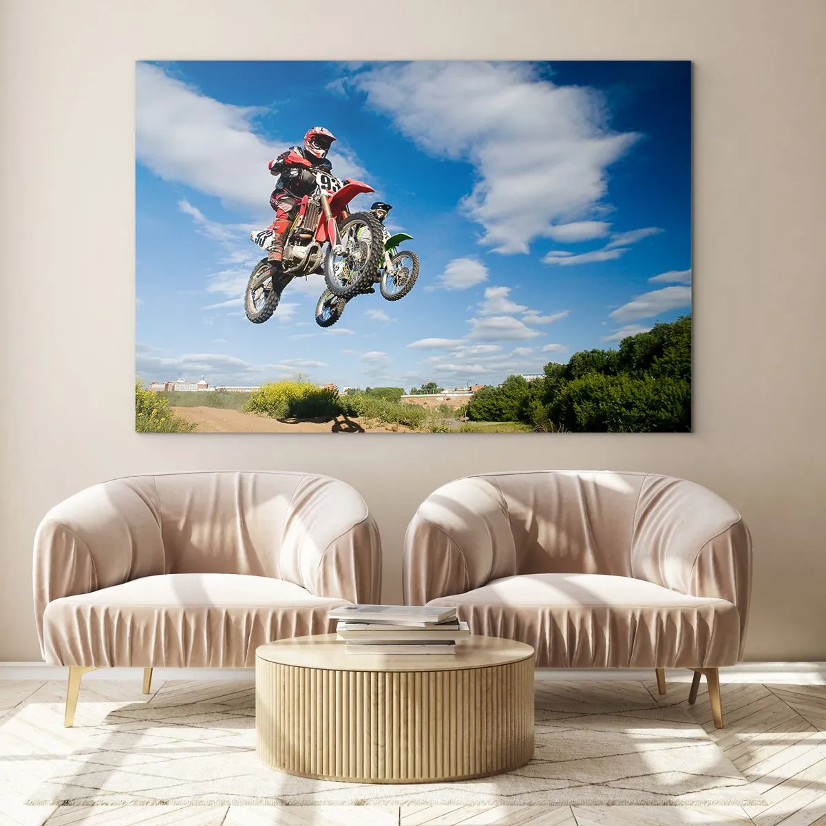 Impression sur verre - Image sur verre - Un pilote de moto en vol contre un ciel bleu - 100x70cm - Saut en parachute - Décoration murale moderne pour le salon et la chambre ARTTOR