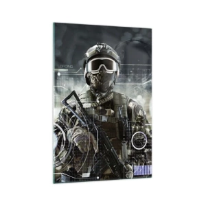 Impression sur verre - Image sur verre - Un soldat portant un casque futuriste avec une arme à feu en arrière-plan de la technologie. - 70x100cm - Puissance sans limite - Décoration murale moderne pour le salon et la chambre ARTTOR