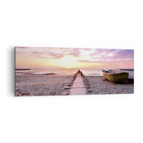 Impression sur toile - Image sur toile - Plage au lever du soleil avec bateau et jetée - 140x50cm - Moment d'expérience profonde - Décoration murale moderne pour le salon et la chambre ARTTOR