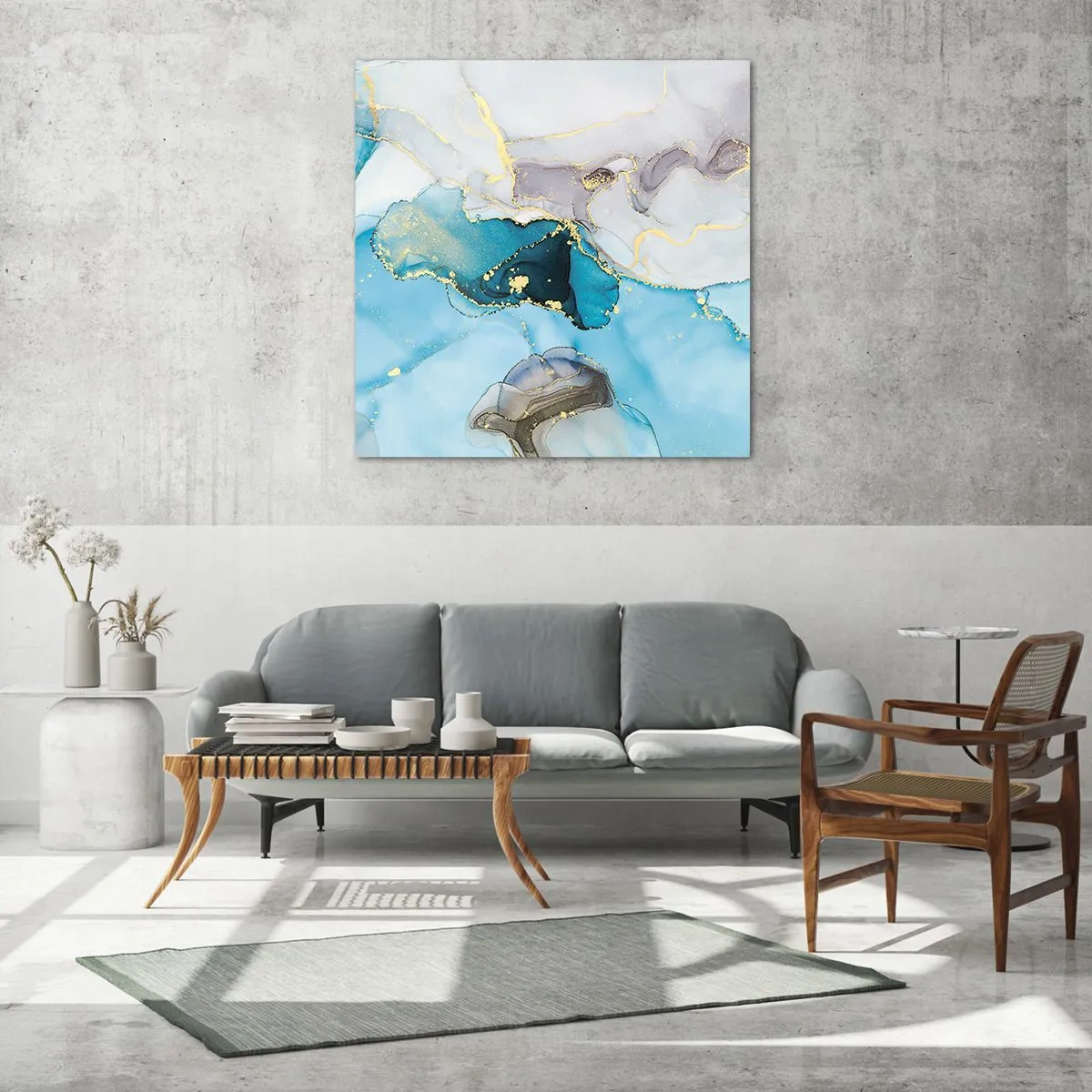 Impression sur verre - Image sur verre - Etude de la rencontre gris et turquoise - 70x70 cm