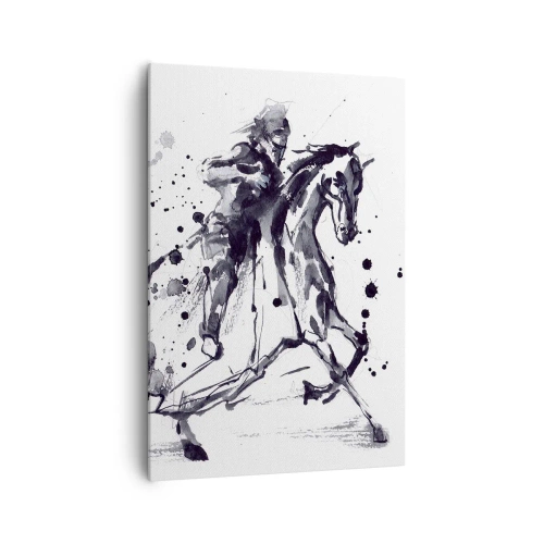 Impression sur toile - Image sur toile - Aquarelle noir et blanc d'un cavalier sur un cheval au galop - 70x100cm - Chevalier noir - Décoration murale moderne pour le salon et la chambre ARTTOR